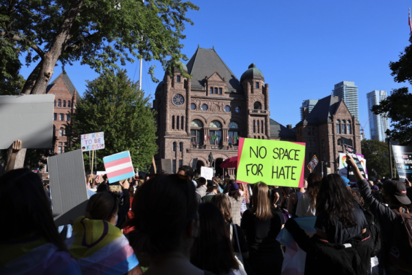 Pro-LGBTQ2S+ protestors demonstrated in front of Queens Park in Toronto, ON, on Sept. 20, countering a protest held by people seeking to roll back trans-inclusive policies organized as part of the “1 Million March 4 Children.”